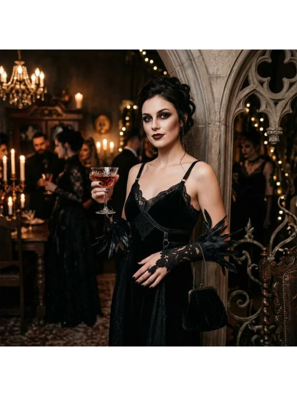 Elegant Lace Feather Long Gloves - Gothic Mesh Cuff for Weddings & Halloween